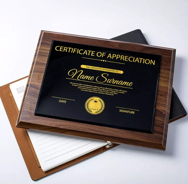 Walnut Wood Plaque with UV Printed Glass Plate - Corporate Award Certificate