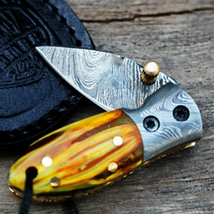 Yellow Tsetse Fly 1.2 Inches Blade Damascus Neck Knives Handmade Damascus Pocket Folding Knife