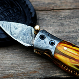 Yellow Tsetse Fly 1.2 Inches Blade Damascus Neck Knives Handmade Damascus Pocket Folding Knife