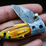 Yellow Tsetse Fly 1.2 Inches Blade Damascus Neck Knives Handmade Damascus Pocket Folding Knife